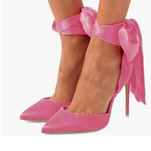 FSJ Pink Strappy Ankle Wrap Sandal Ribbon Lace-up High Heels Pointed Toe Shoe